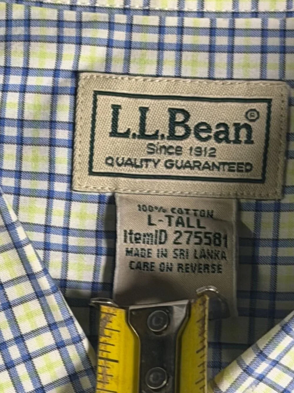 L.L. Bean Men’s Plaid Button-Down Shirt in White, Blue, and Light Green